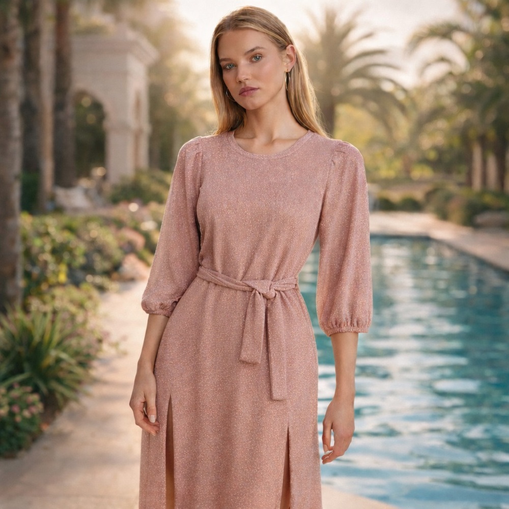 Bershka Shimmery Blush Midi Dress with Belt.